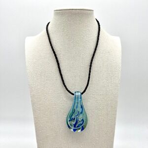 Handmade Art‎ Glass Pendant Necklace Teardrop Blue Green Adjustable Cord